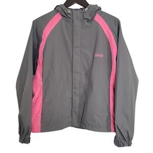 Coleman Jacket Womens Small Grey Pink Windbreaker Raincoat Nylon Full Zip Hooded